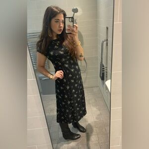 Vintage Laura Ashley Black Floral Midi Dress | US 8 | Made in UK